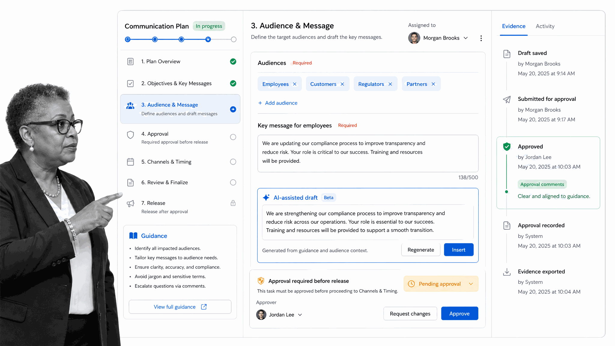 Process Street communication plan workflow with owners, approvals, AI-assisted drafting, and evidence