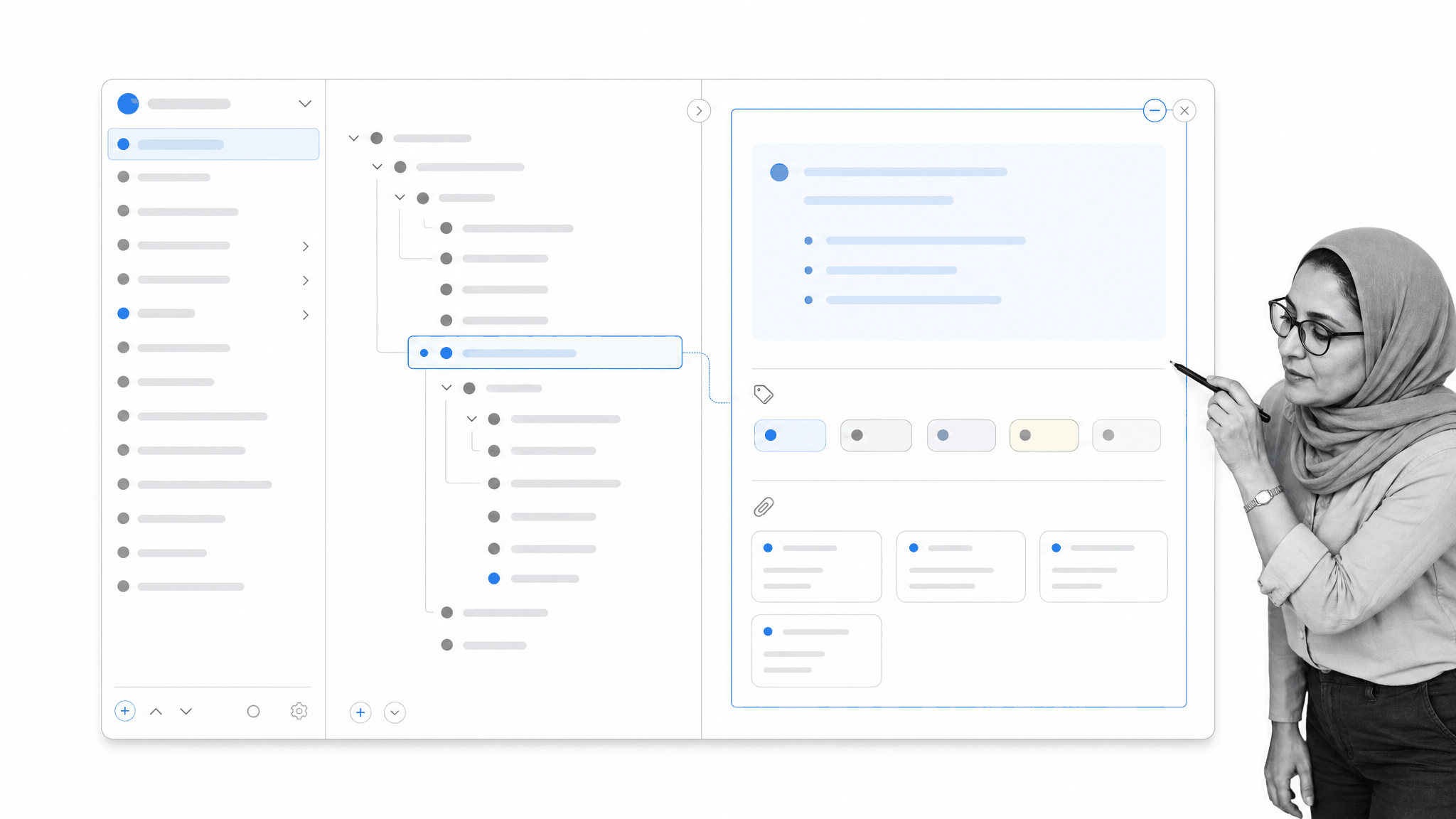 Nested outline and tagged research notes supporting a focused writing section