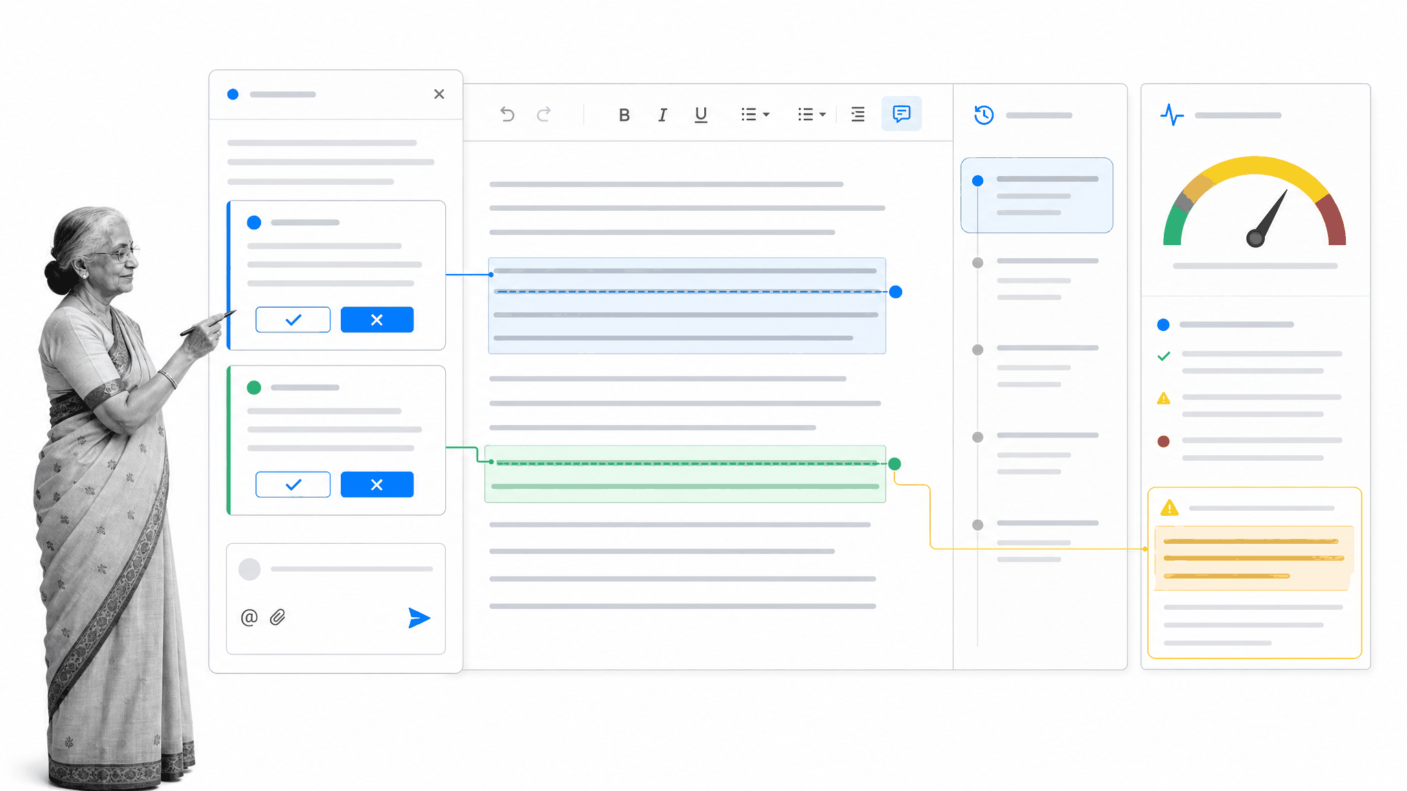 Shared draft suggestions, version history, and readability diagnostics in one review surface