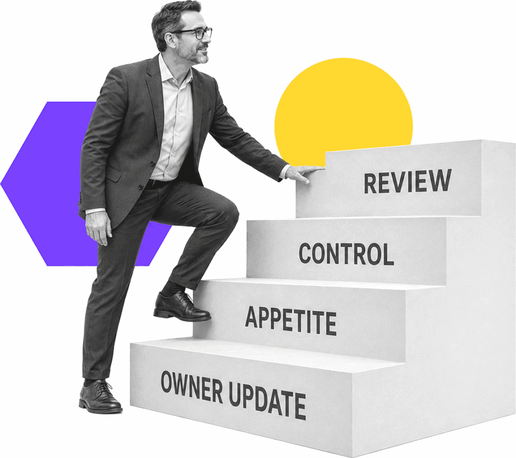 An insurance chief risk officer climbs steps labeled Owner Update, Appetite, Control, and Review.