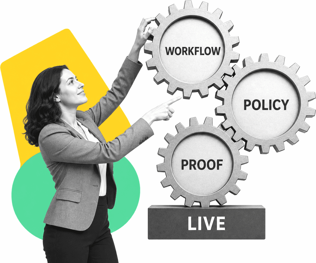 An insurance implementation lead connecting policy, workflow, proof, and live rollout gears.