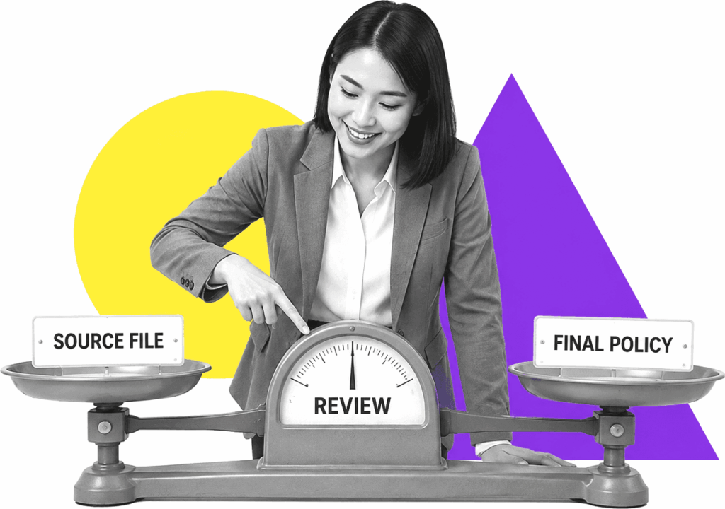 An insurance policy reviewer comparing source requirements with a completed policy.