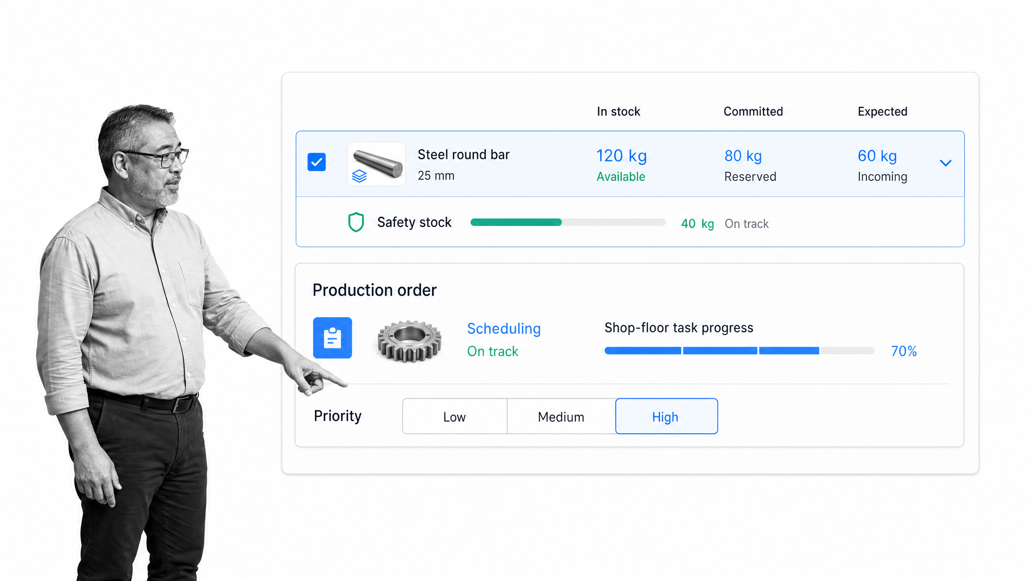 Katana manufacturing stock screen showing committed materials, expected inventory, and a production order