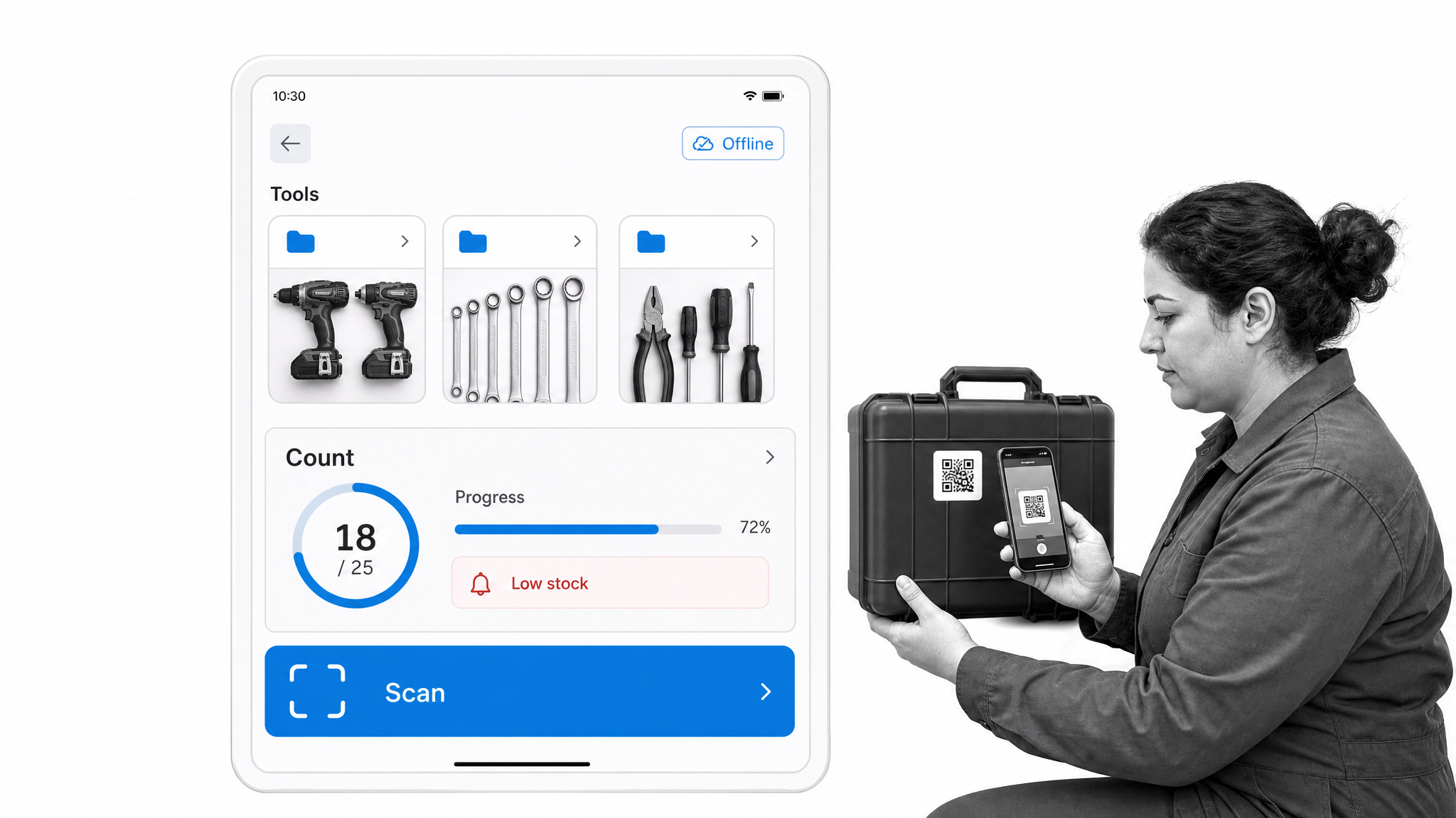 Sortly mobile inventory folders with item photos, barcode scanning, and stock count progress