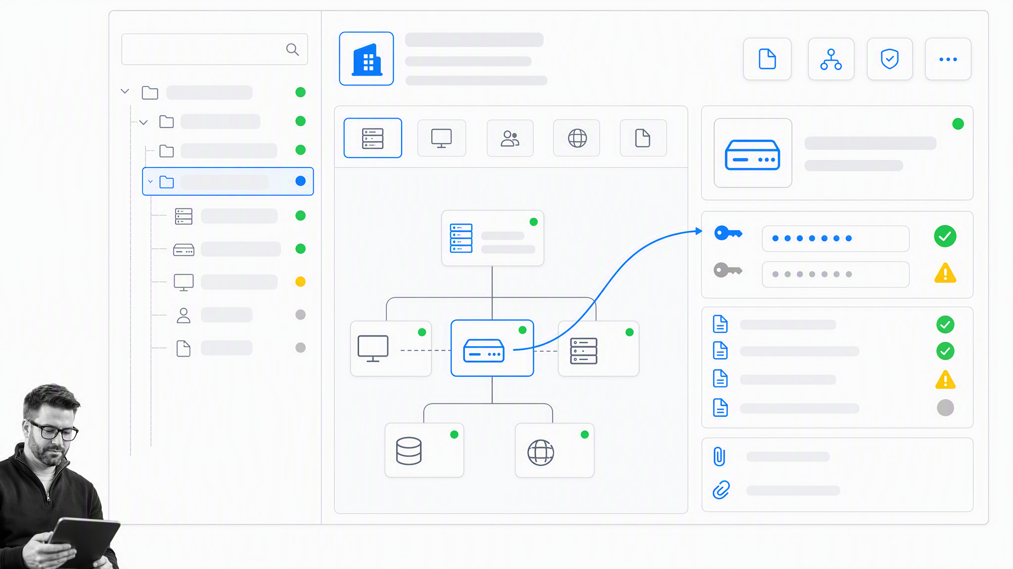 MSP client documentation with linked asset and credential relationships
