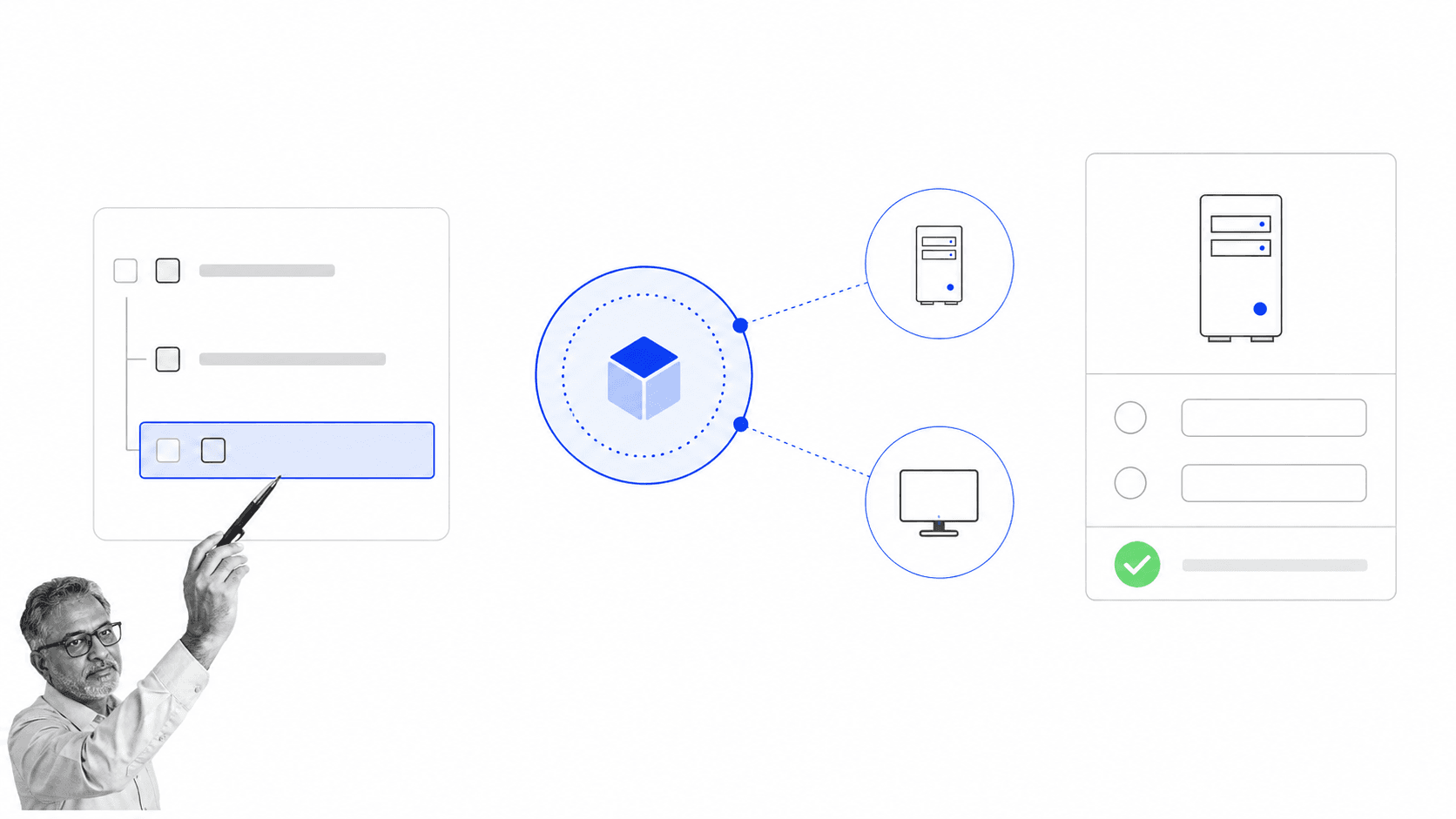 Agentless IT inventory tree with network topology and selected device details