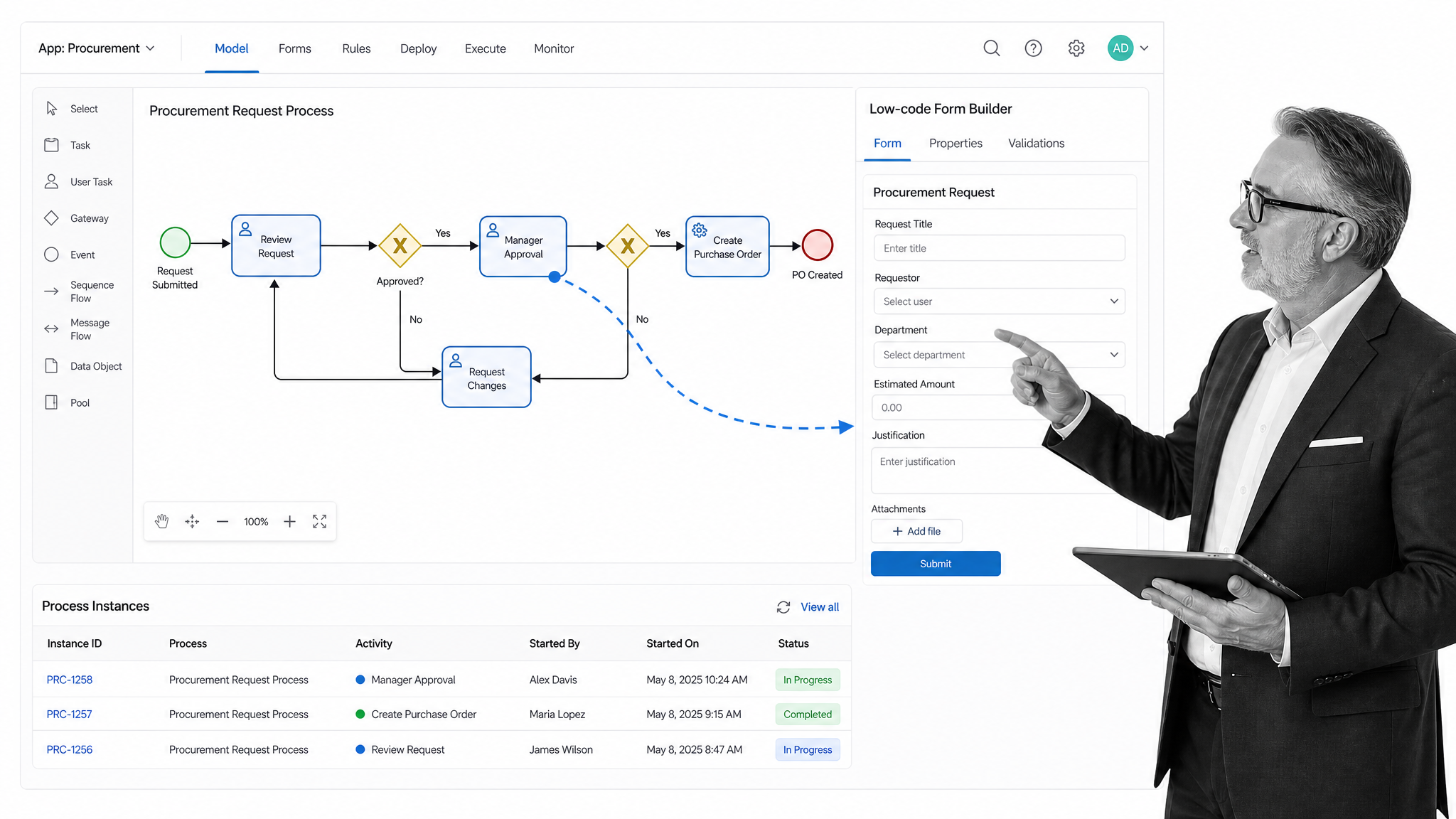 Bizagi product interface as a Joget alternative for BPMN process modeling paired with low-code application development