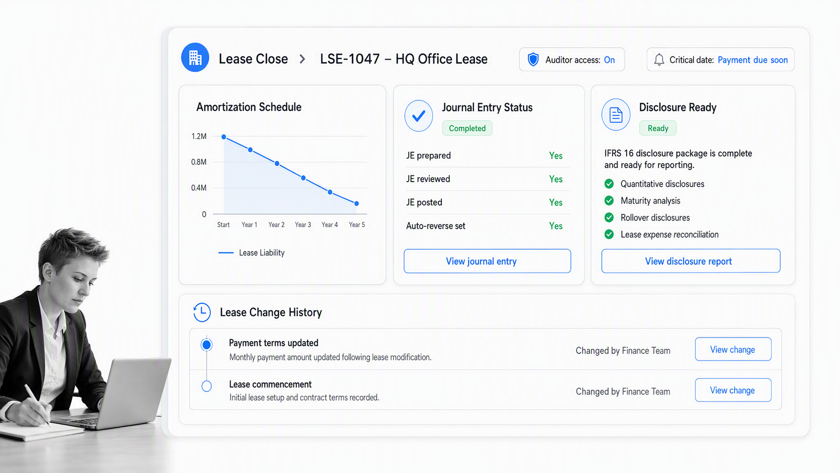 FinQuery-style lease accounting close dashboard with schedule, journal entry, disclosure, and audit history