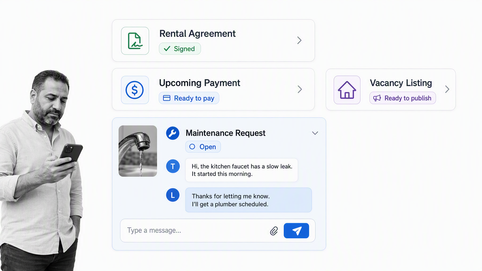 TenantCloud-style portal with a signed lease, rent payment, and maintenance request