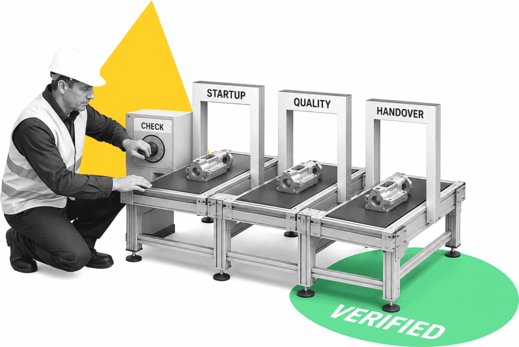 A manufacturing supervisor examines a labeled production control board beside a factory conveyor.