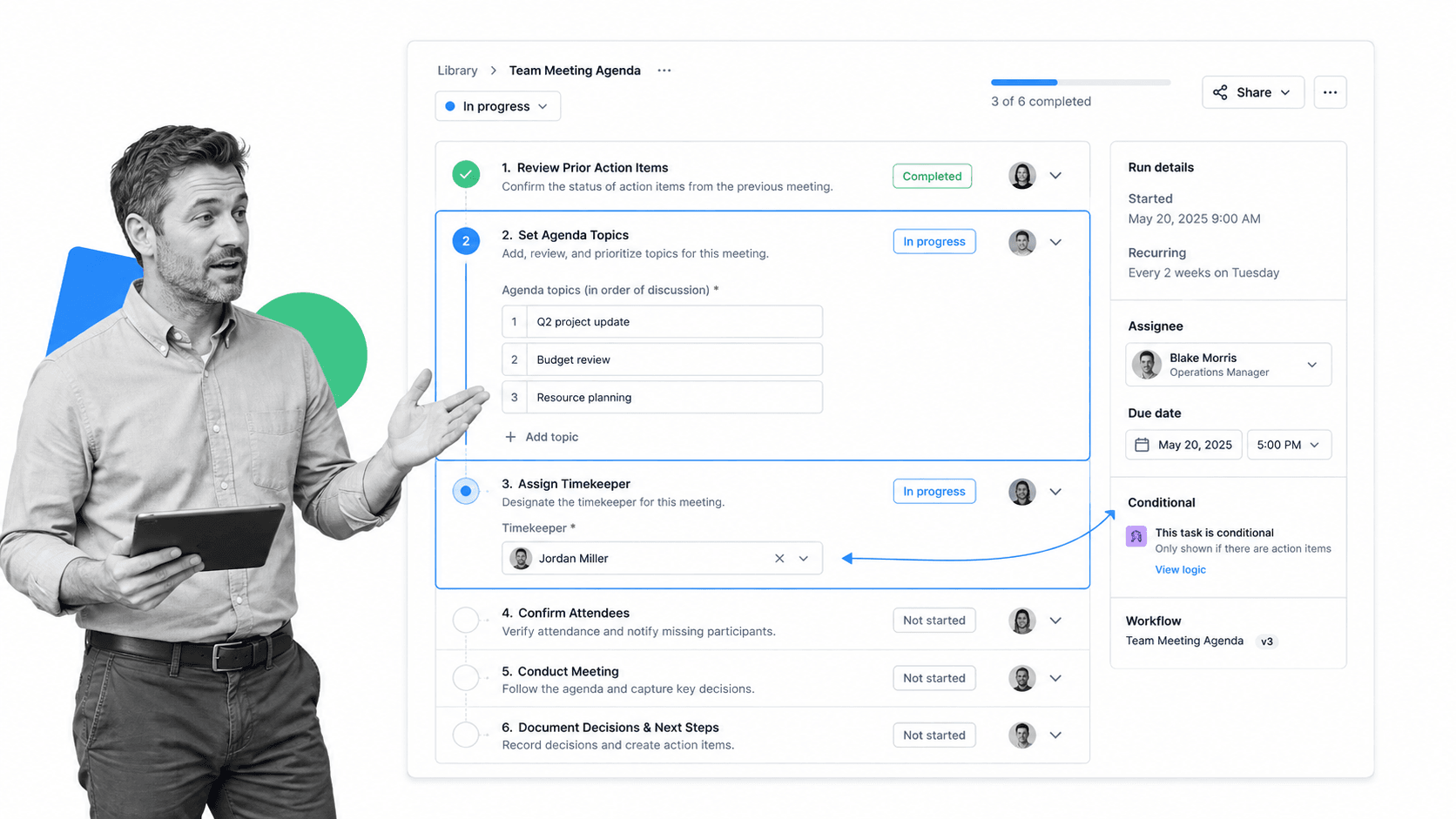 Process Street meeting agenda workflow run screen with checklist steps, form fields, and an assignee and due date sidebar