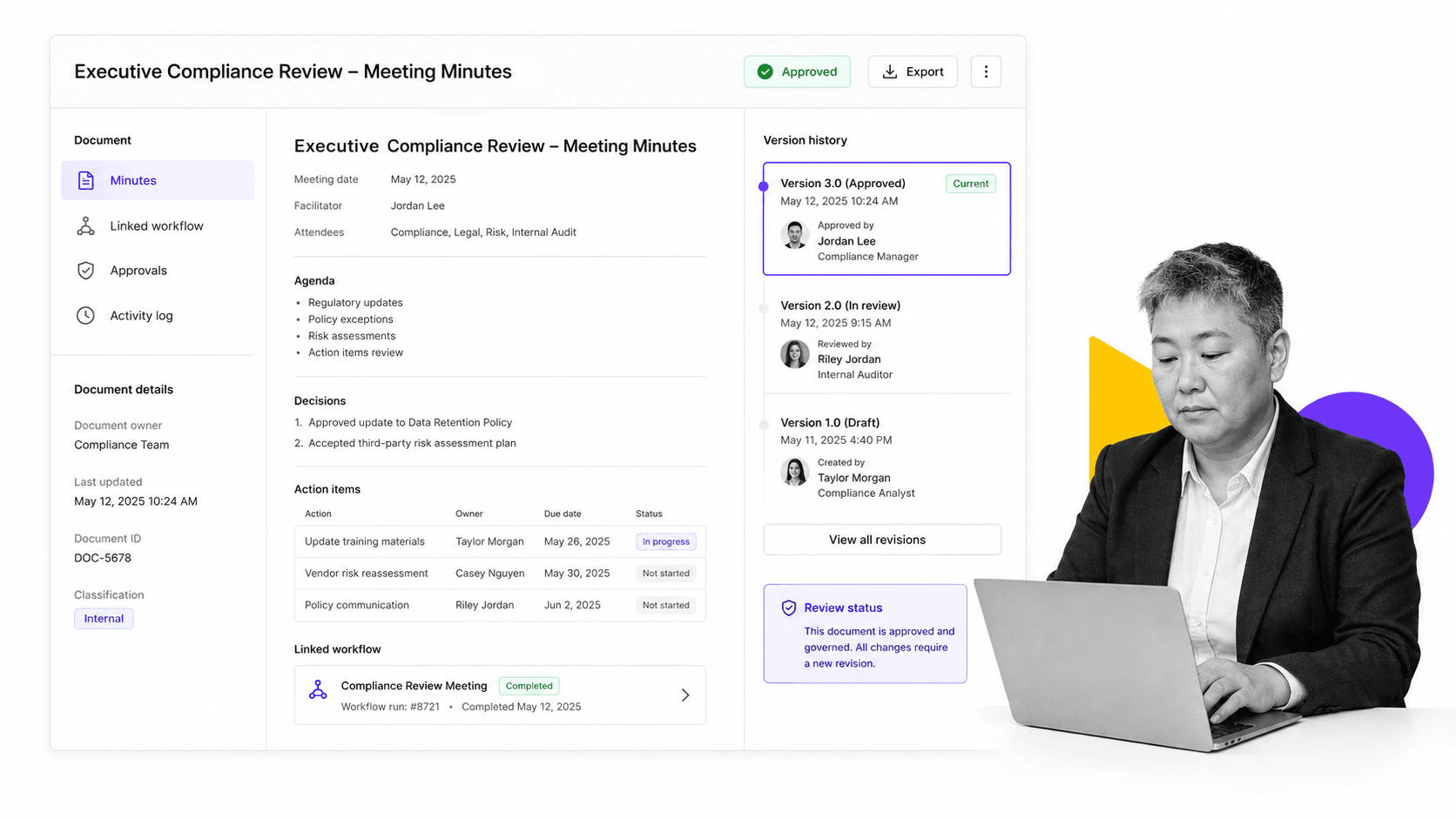 Process Street governed meeting minutes document page with version history and an approval status badge