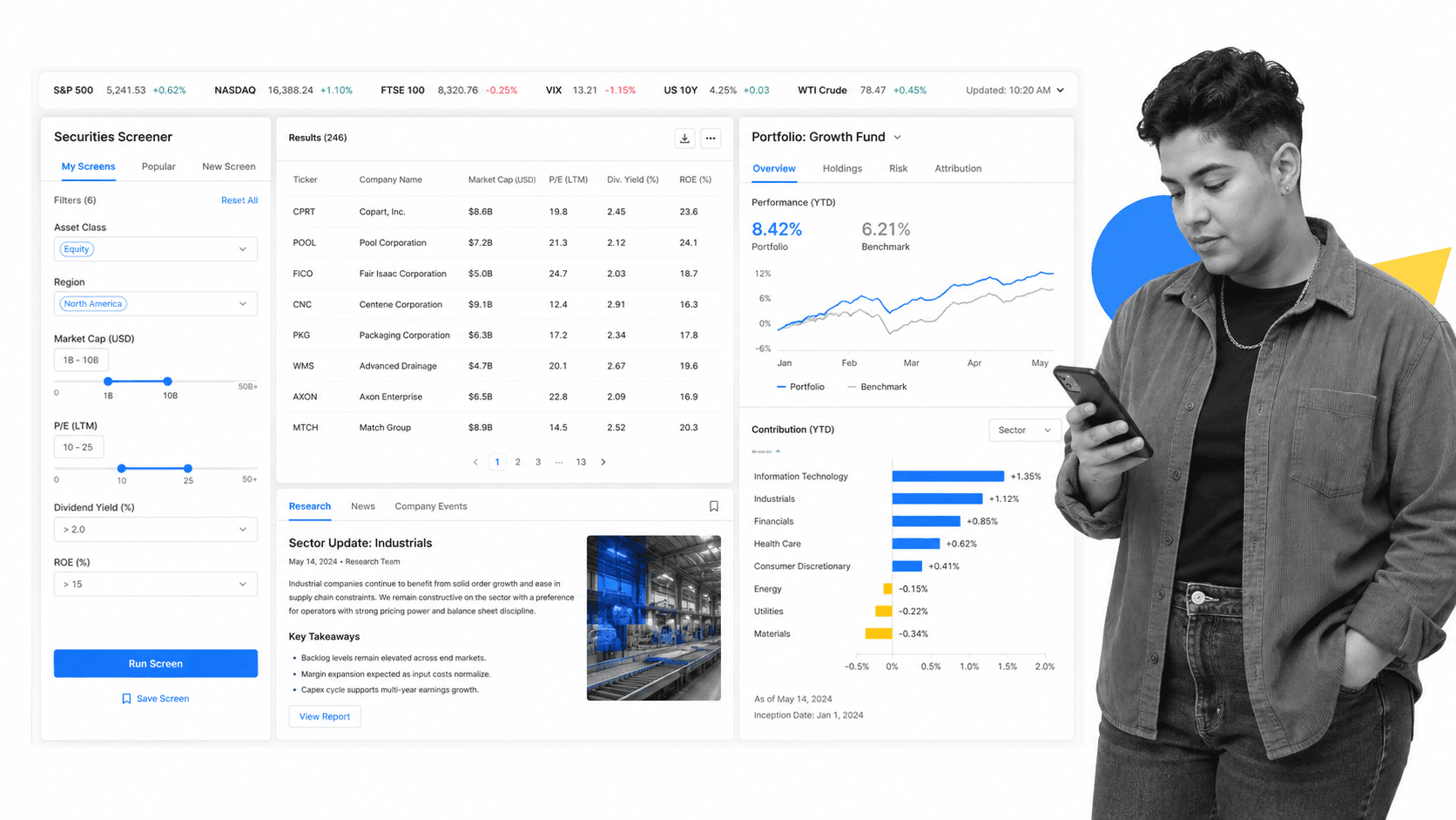 LSEG Workspace analyst view with a securities screener and portfolio contribution analytics
