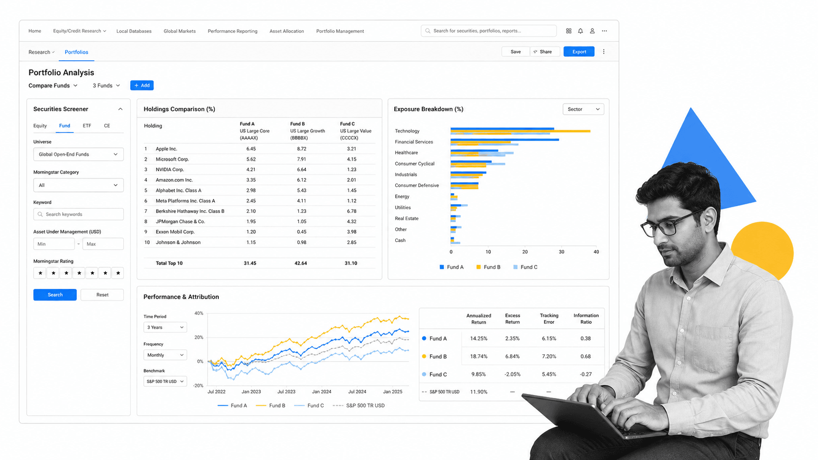 Morningstar Direct portfolio analysis comparing fund holdings, exposures, and performance