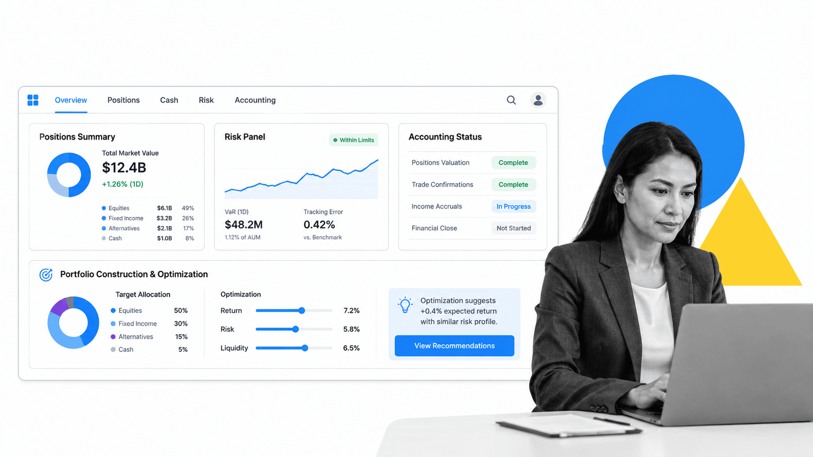SimCorp One unified dashboard with positions, risk, accounting status, and portfolio construction