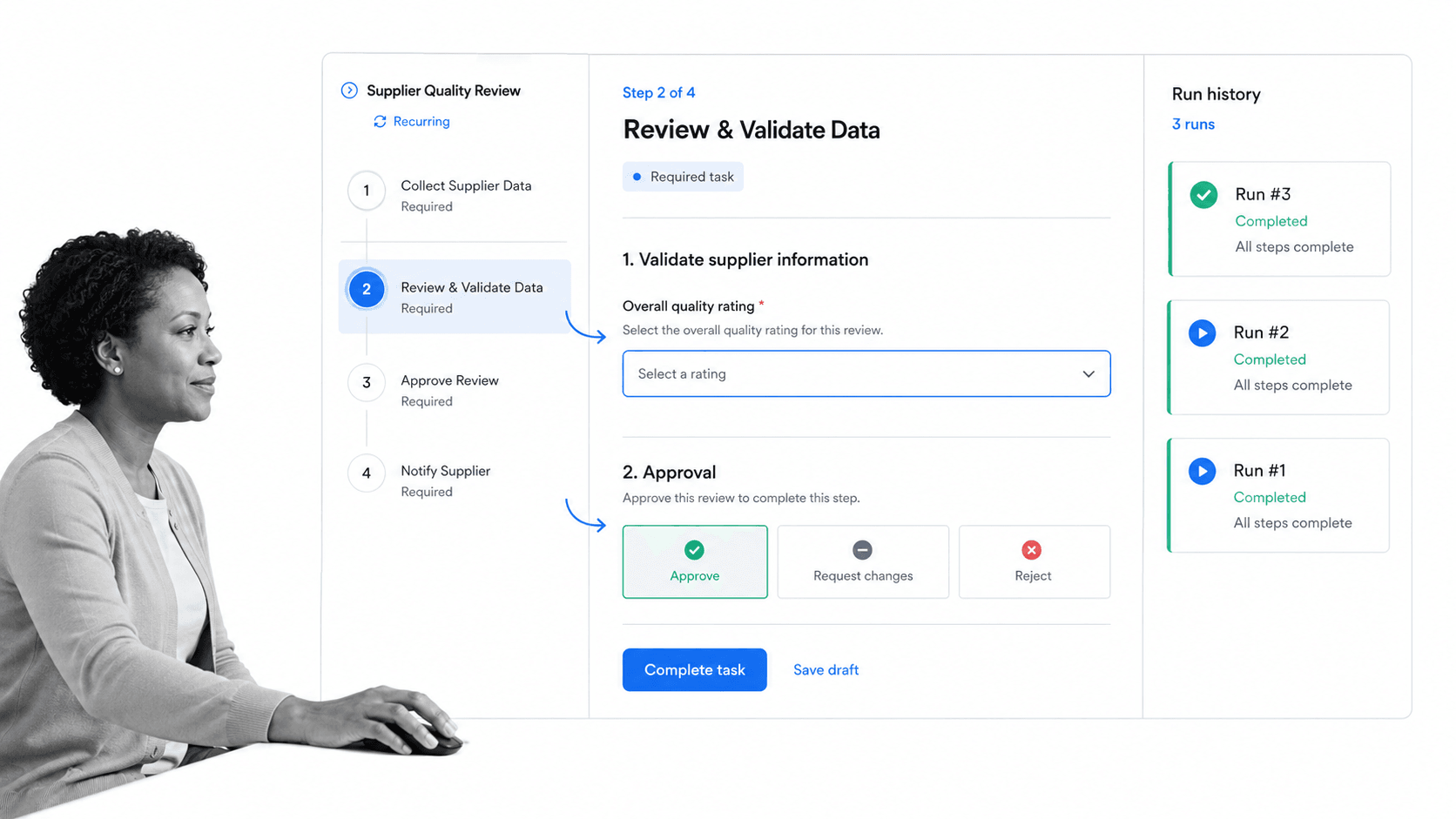 Process Street product interface showing required tasks, approvals, forms, and run records for a Next Matter alternatives comparison