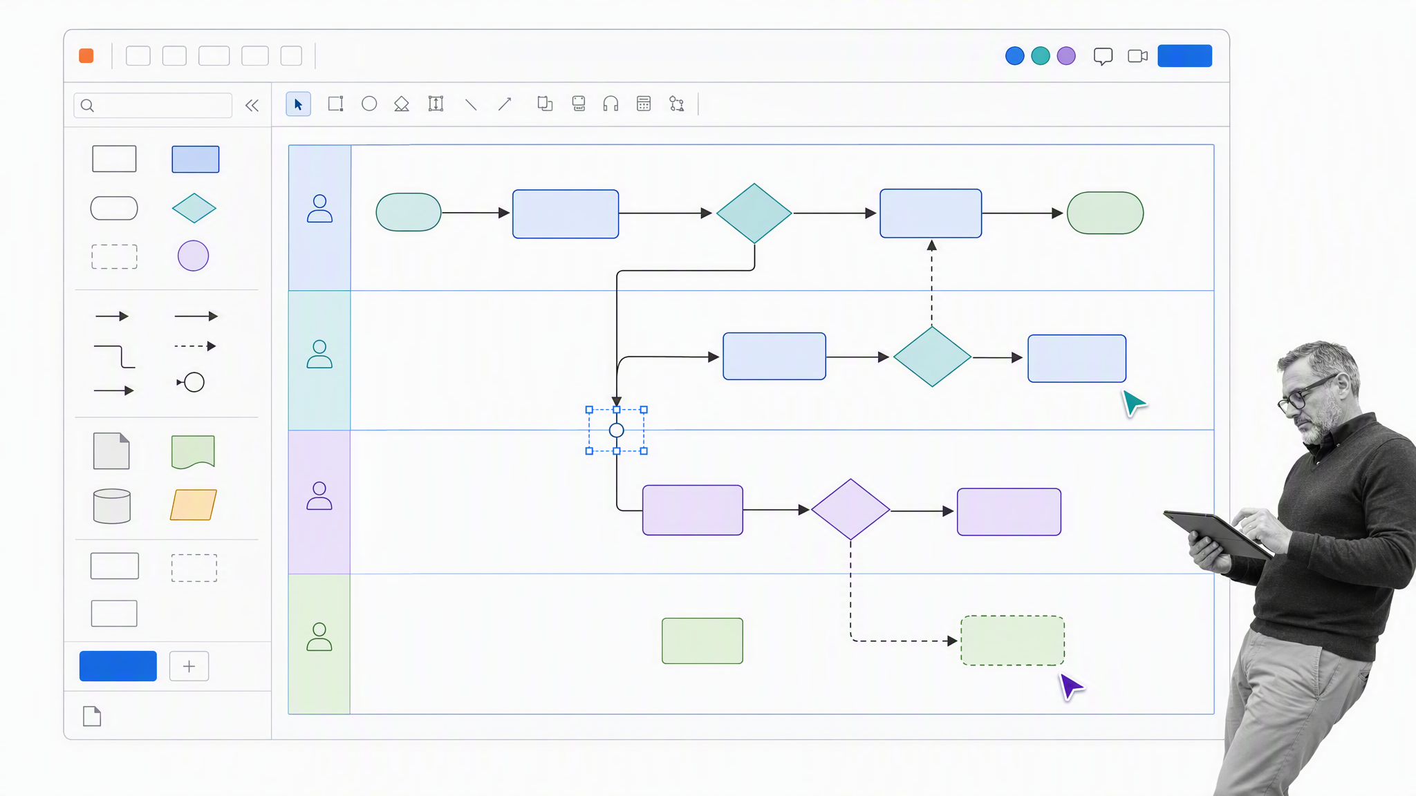 Lucidchart style swimlane process map with a selected handoff, without branding