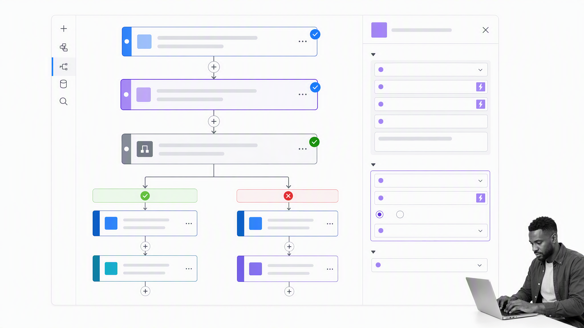 Microsoft Power Automate style cloud flow with approval and condition branch, without branding