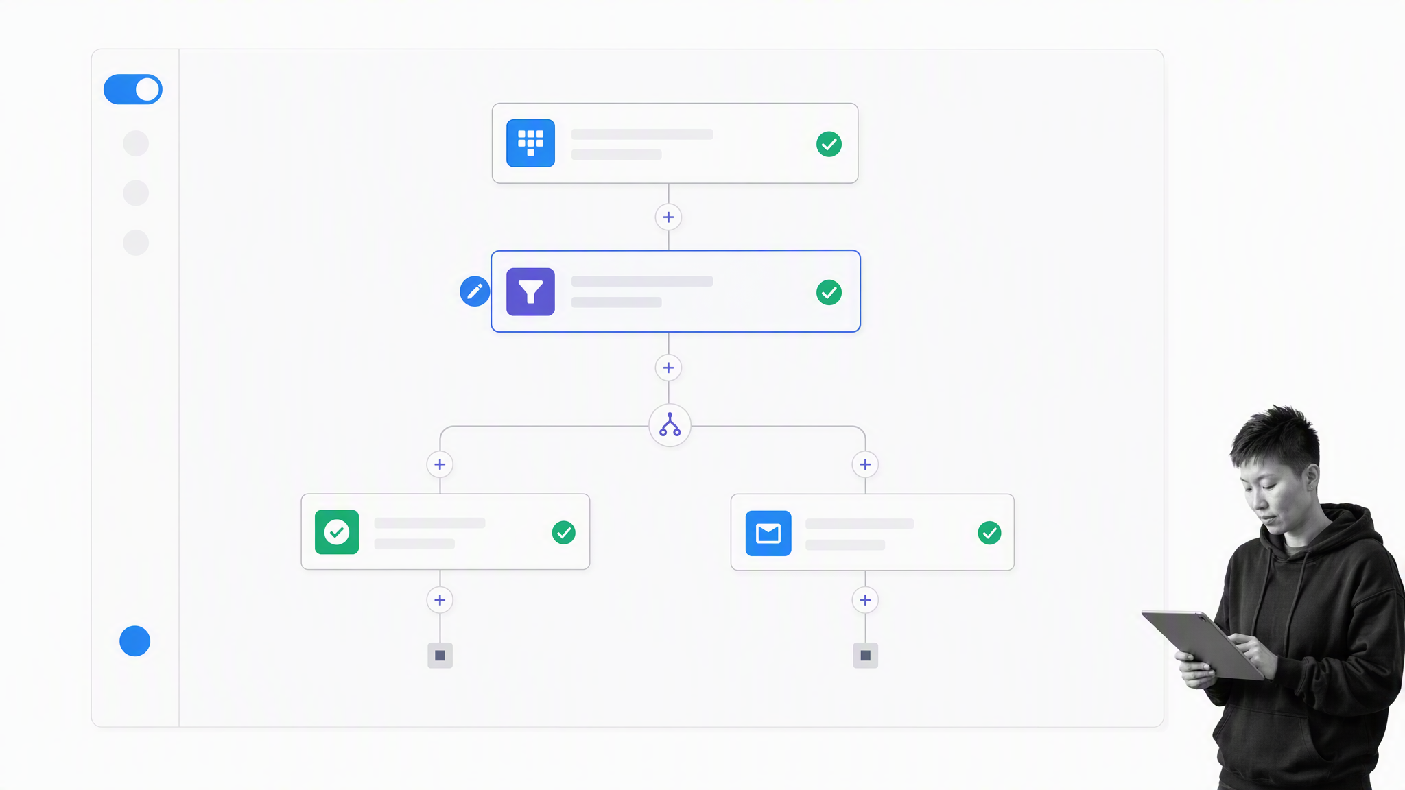 Zapier style automation builder with trigger, filter, and branch paths, without branding