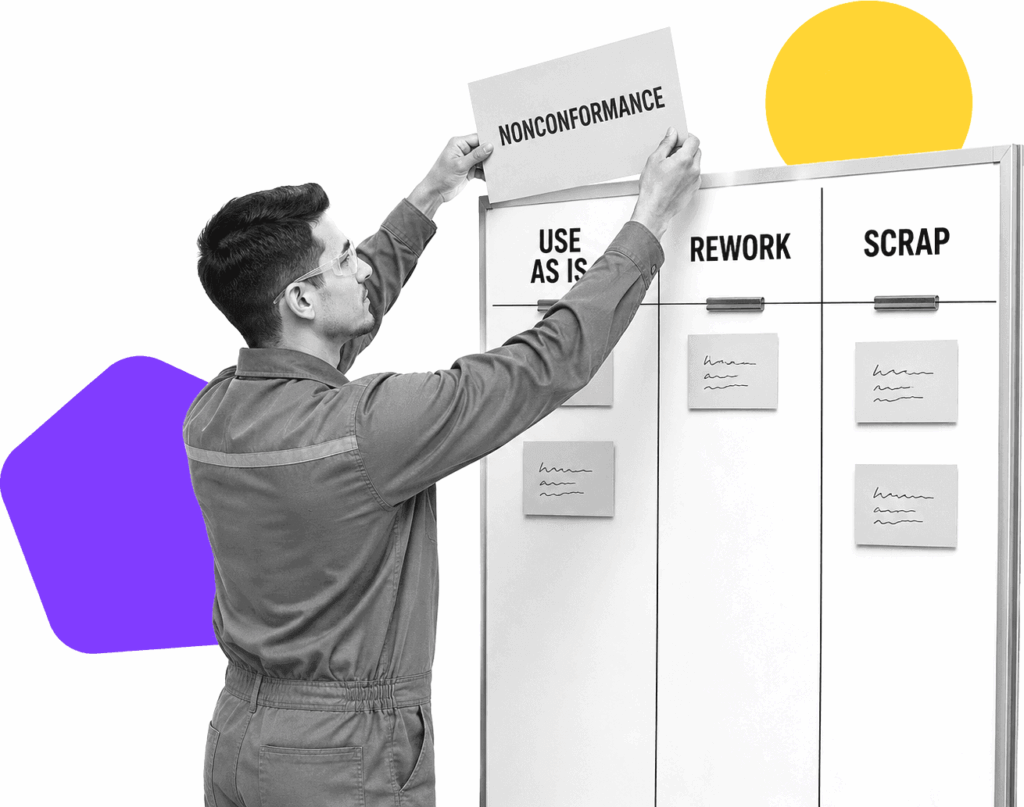 A quality engineer slotting a nonconformance card into a labeled disposition board with use as is, rework, and scrap columns.