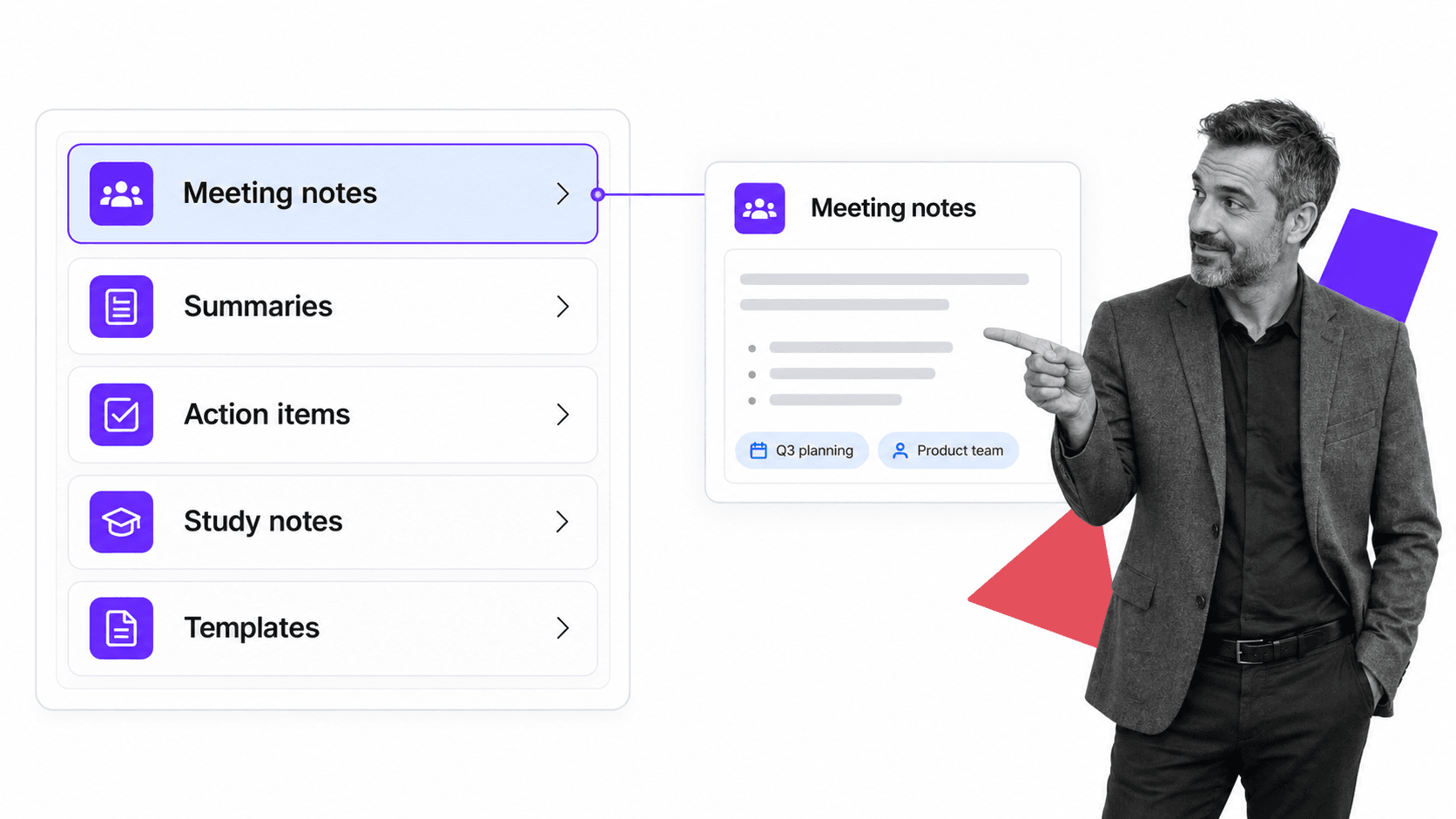 Note taking generator types map showing meeting notes selected