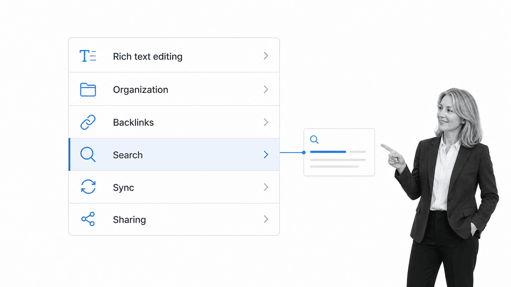 Note taking software capability map with search selected among editing, sync, and sharing