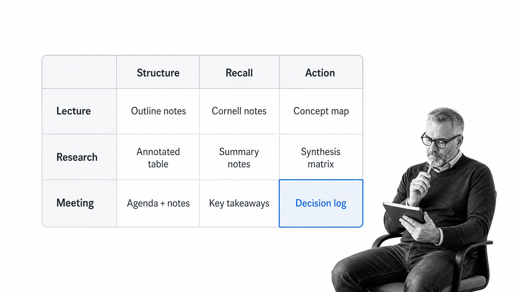 Note method selection canvas with the meeting and action cell selected