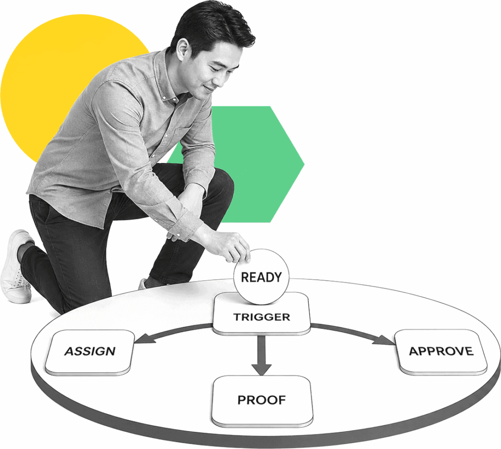 Operations manager activating an onboarding automation sequence from a labeled trigger panel.
