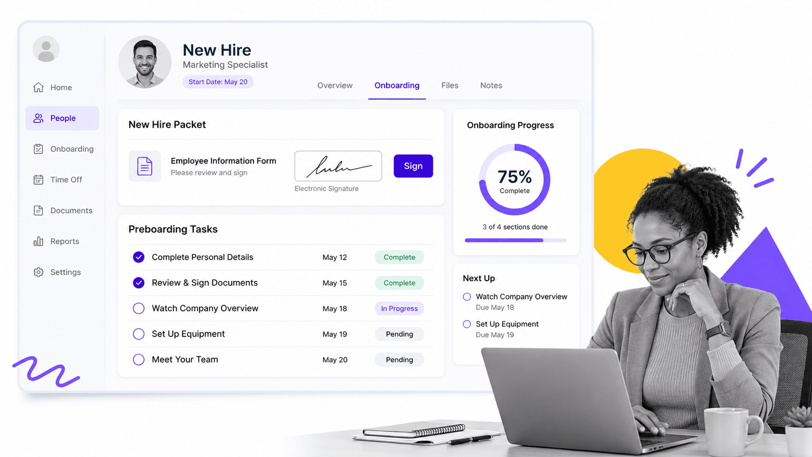 BambooHR HR new-hire packet with an electronic signature field, preboarding checklist with due dates, and a completion progress tile