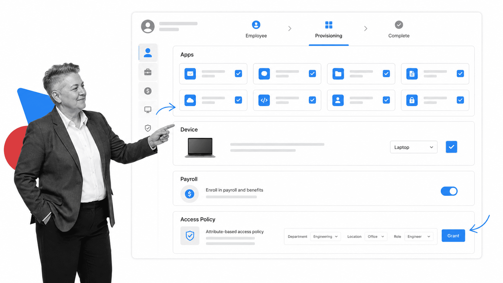 Rippling workforce onboarding provisioning grid granting app access, a device, payroll, and attribute-based access policy for a new hire