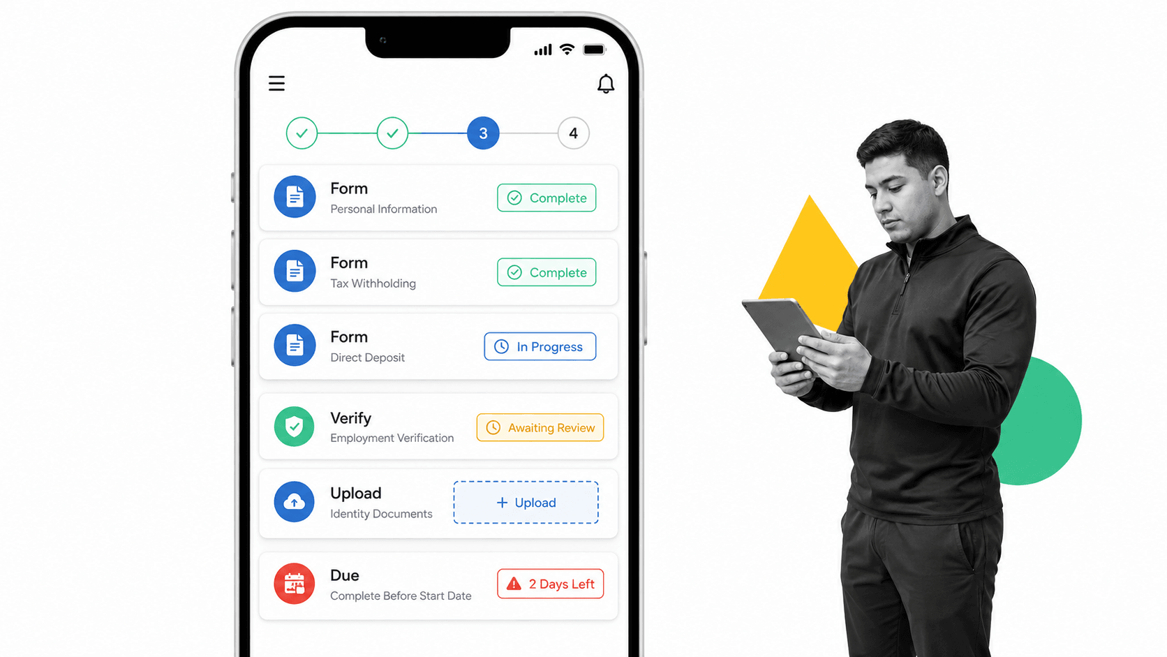WorkBright remote onboarding screen with mobile form cards, an employment verification status row, a remote upload control, and a deadline tracker