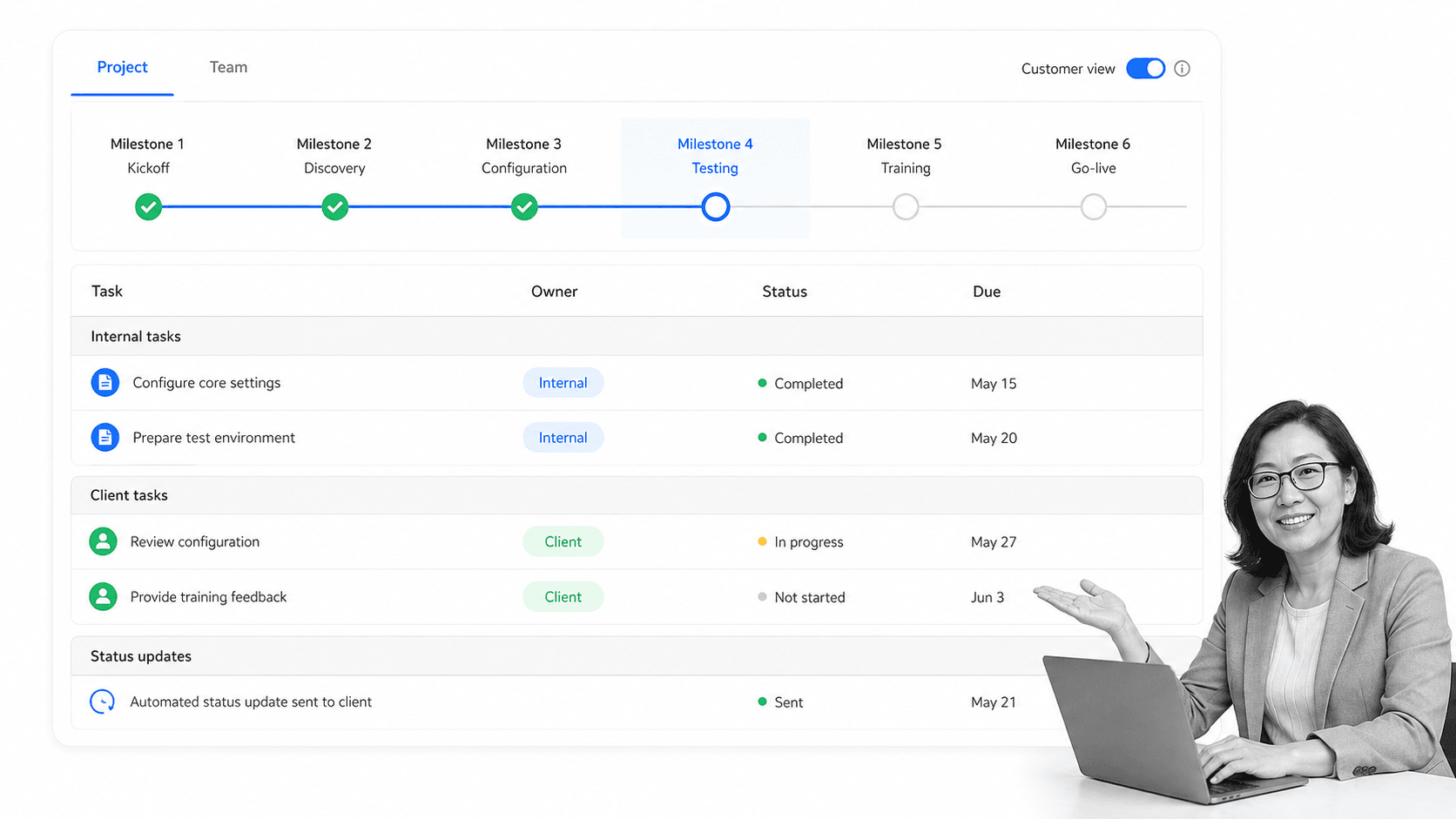 GUIDEcx client onboarding project with a milestone timeline, internal and external task owners, a status update, and a customer view toggle