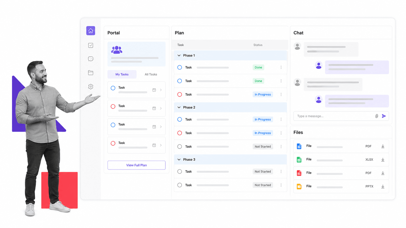 Rocketlane customer onboarding project plan with a shared customer portal panel, an in-context chat thread, and a shared files list