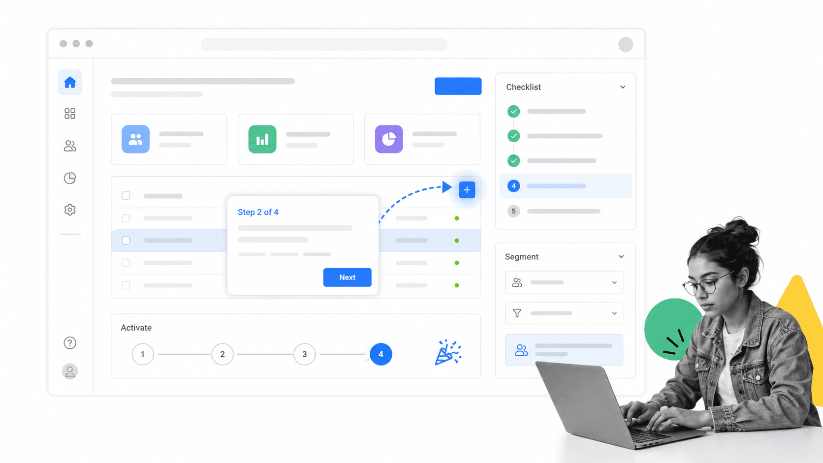 Appcues in-app product screen with an onboarding tooltip flow, a docked checklist widget, an audience targeting panel, and an activation step