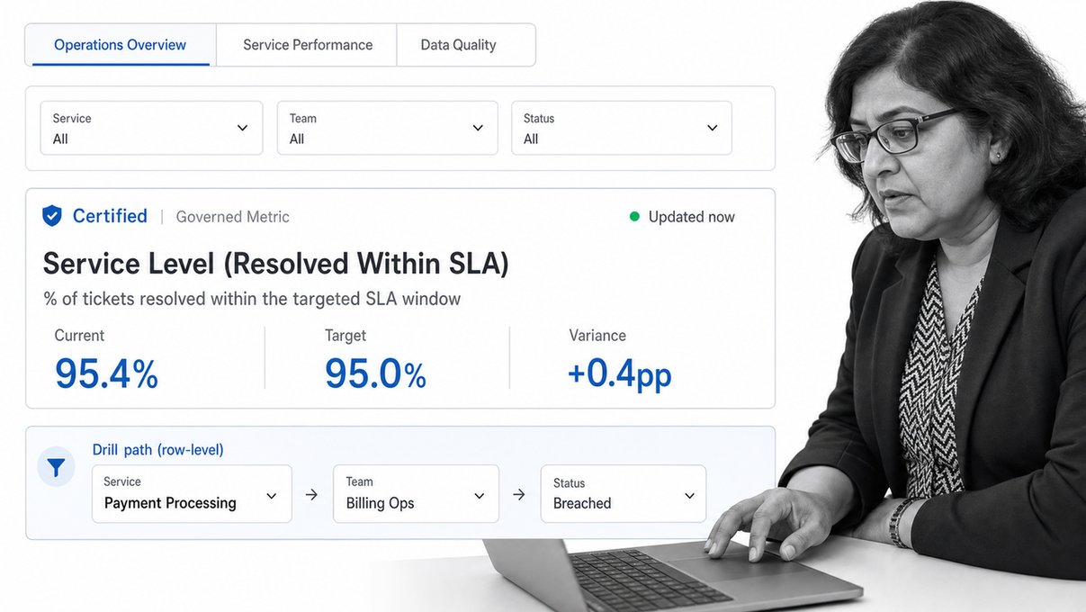 Looker operations dashboard with certified metrics, tabs, filters, and data freshness