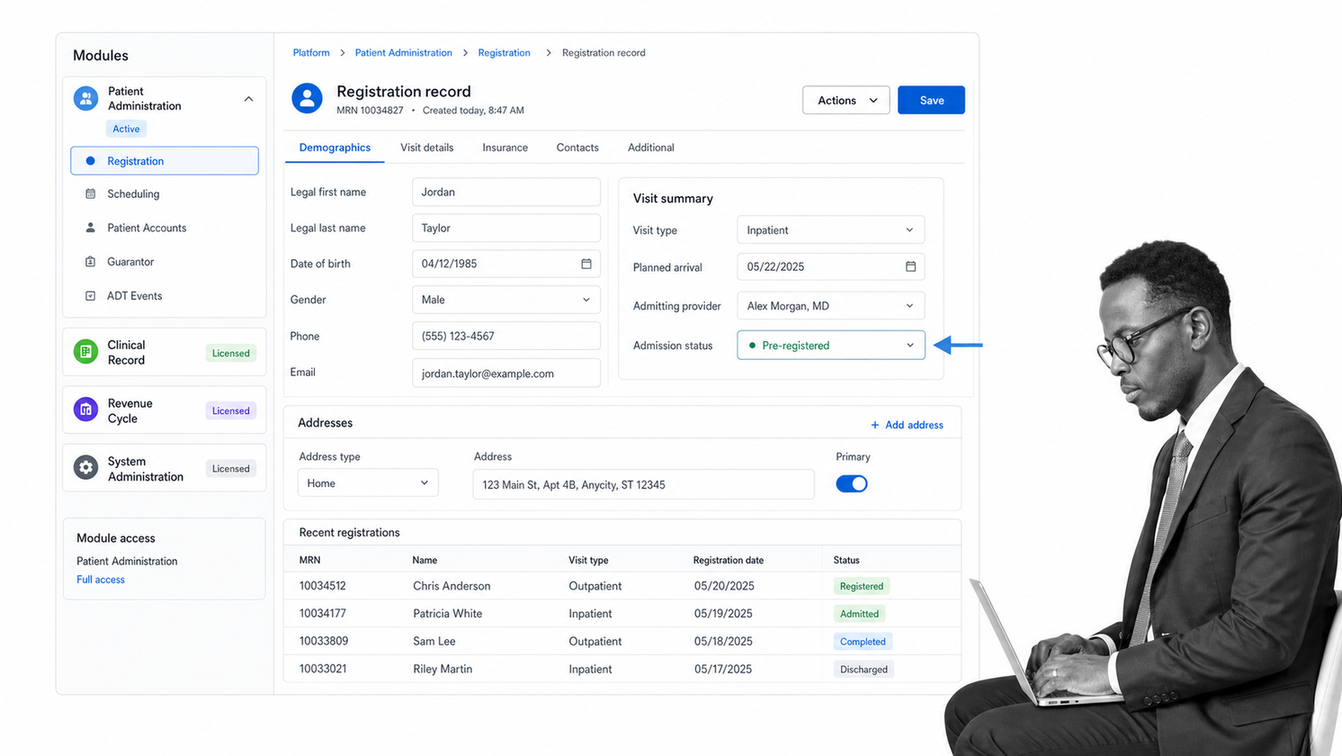 Oracle Health style patient administration module with a registration record open