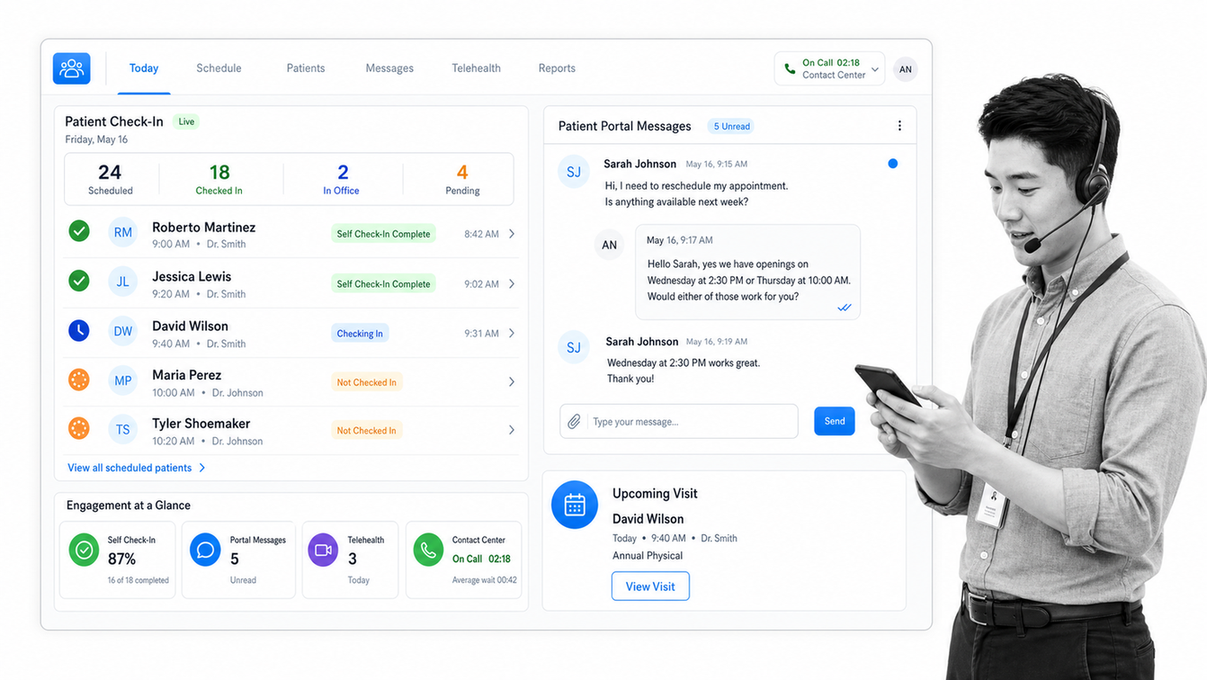Patient check-in and portal messaging screen used by a practice front desk team