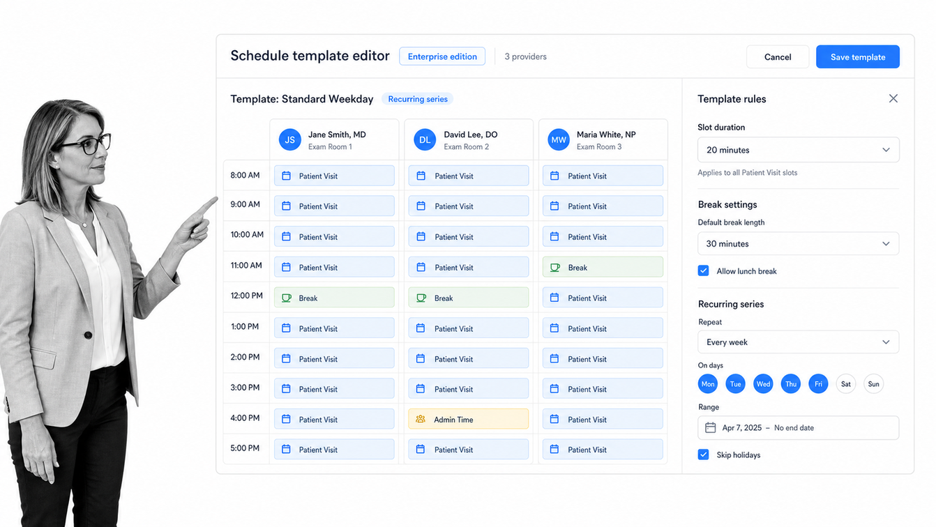 Provider scheduling template editor with per-provider columns and a template rule panel