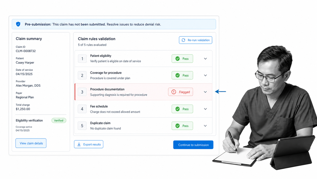 Claim scrubbing screen showing automated billing rule validations before submission