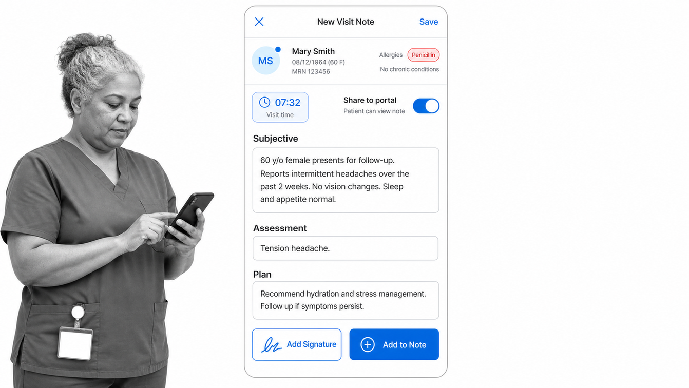Point-of-care mobile charting screen with a patient summary strip and note editor