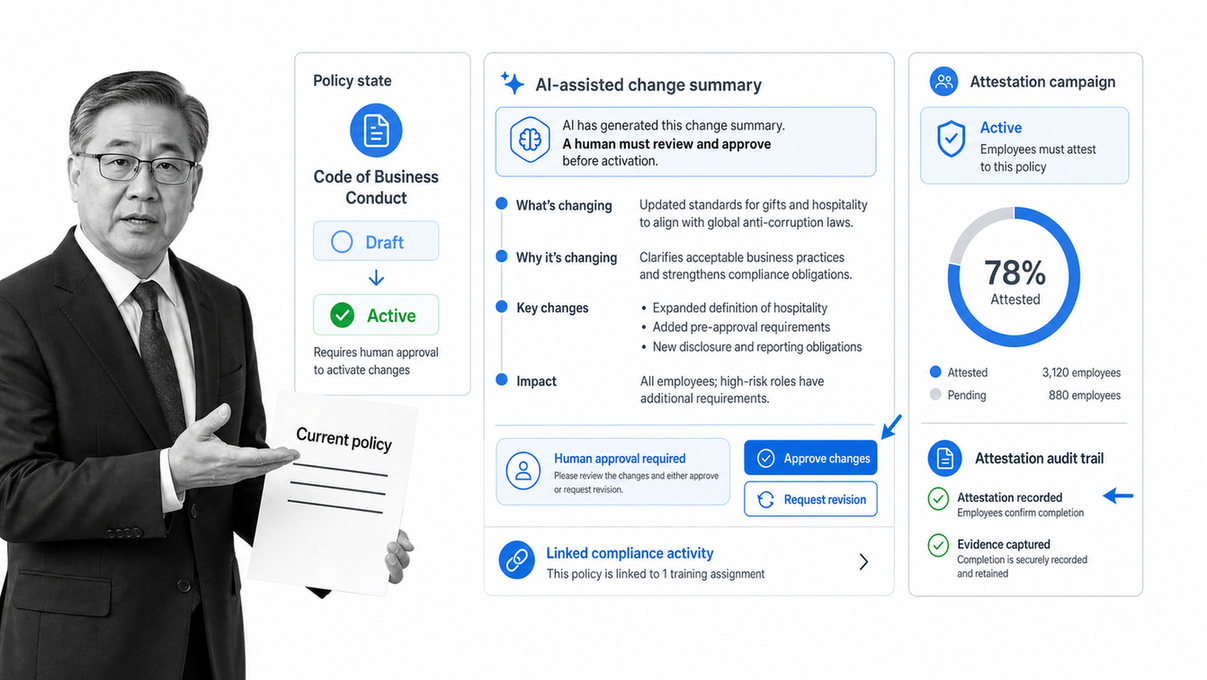 NAVEX One policy lifecycle dashboard with a change summary review and employee attestation tracking