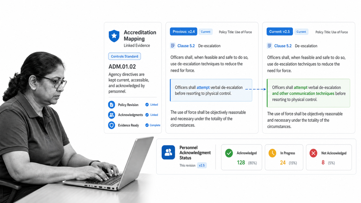 PowerDMS public-safety policy record with revision comparison, acknowledgments, and accreditation mapping
