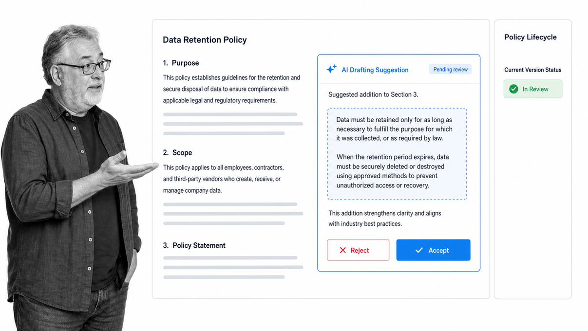 VComply PolicyOps editor with an AI drafting suggestion, human review controls, and lifecycle reporting