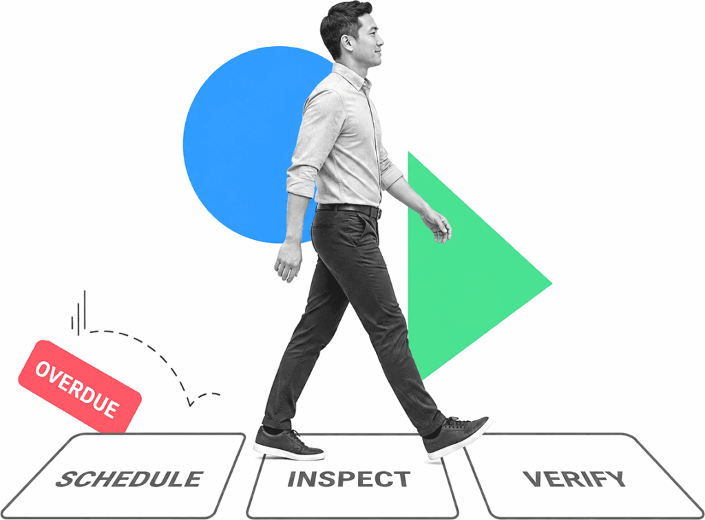 Maintenance planner striding across checkpoints labeled Schedule, Inspect, and Verify as an overdue marker falls away.