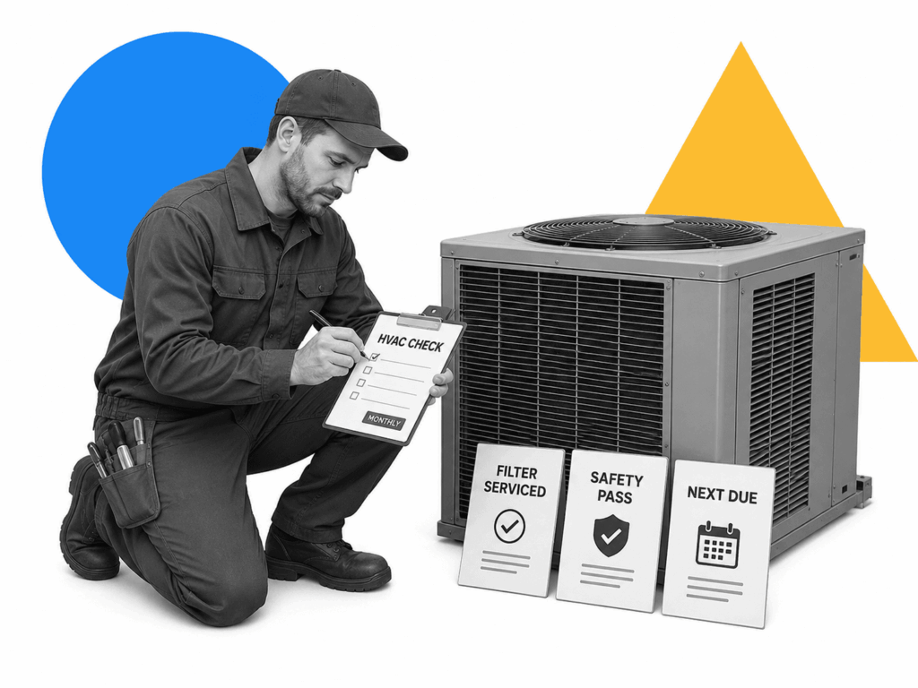 A property maintenance technician kneeling beside an HVAC unit, marking off a scheduled inspection checklist.