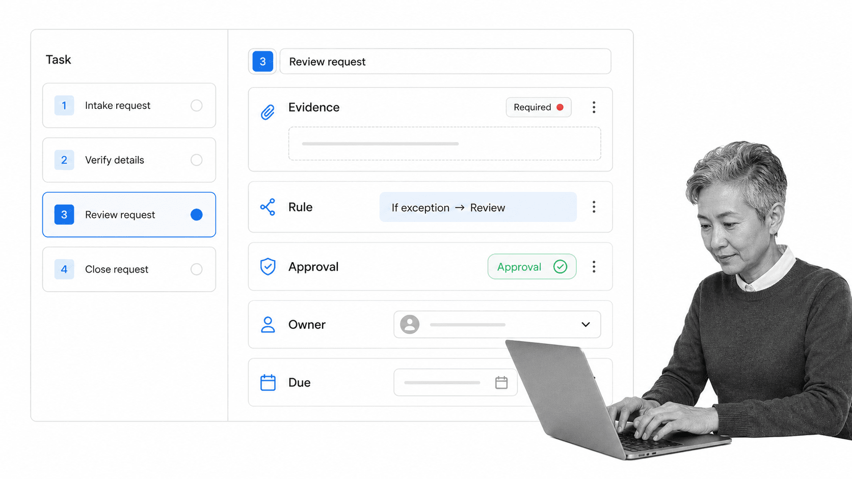 Process Street workflow editor with evidence, conditional rule, approval, owner, and due controls