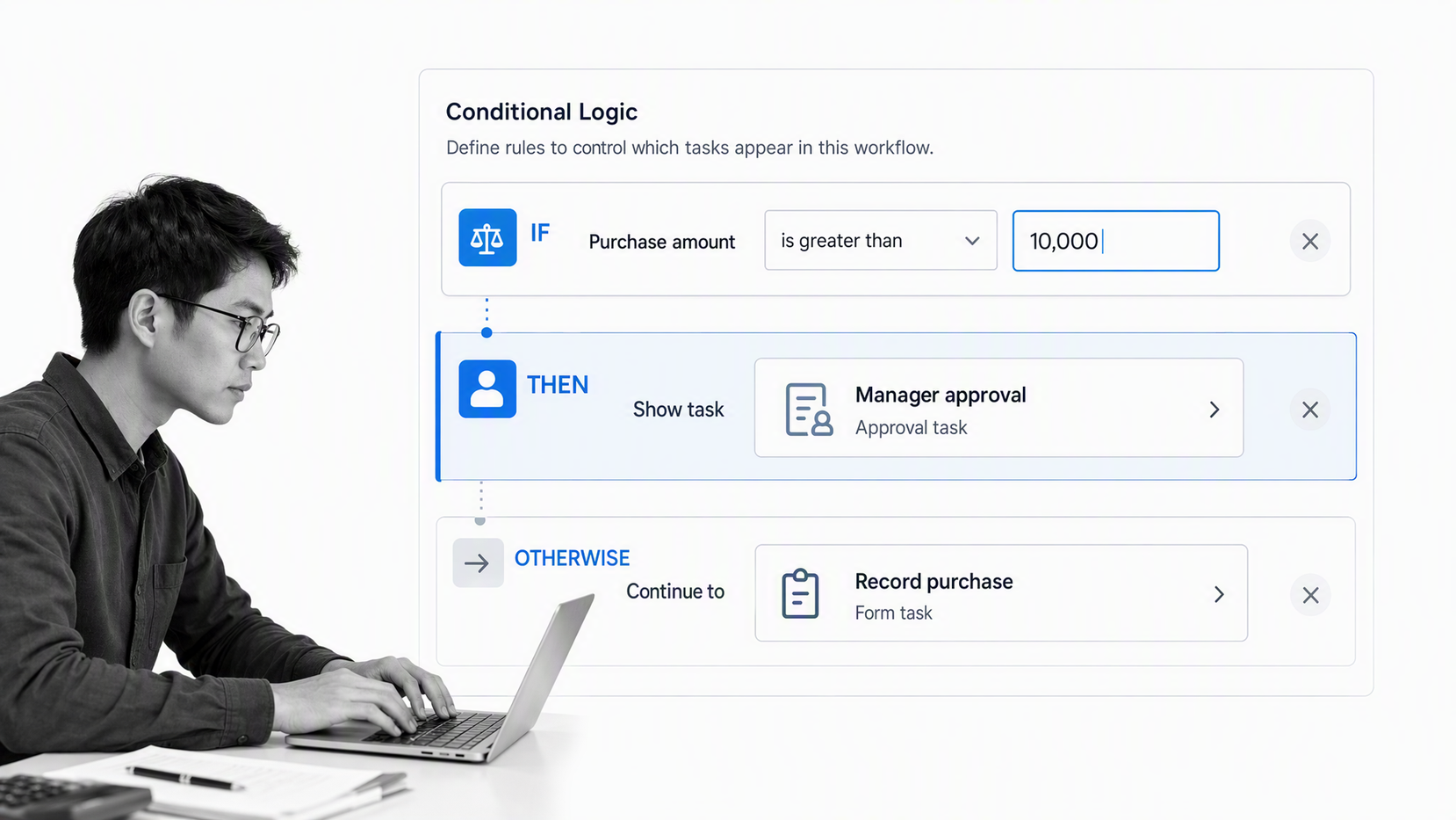 Conditional routing rule that sends a high-value purchase request to a manager approval task