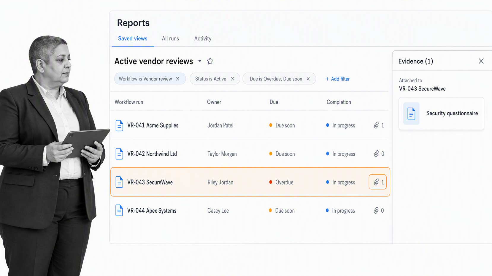 Process Street Reports view showing active vendor reviews, owners, due dates, status, and evidence