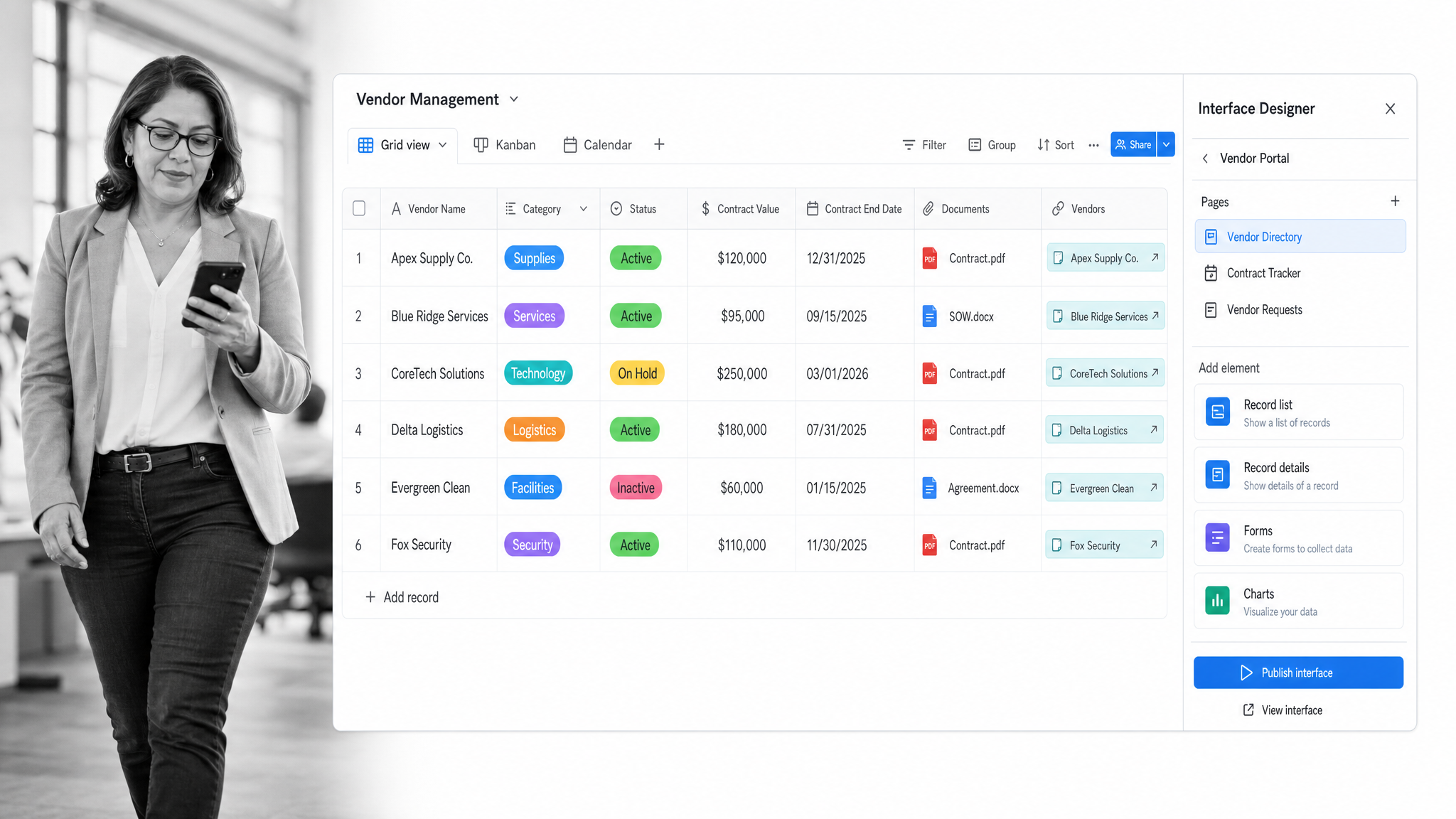 Airtable database grid and interface used for process management