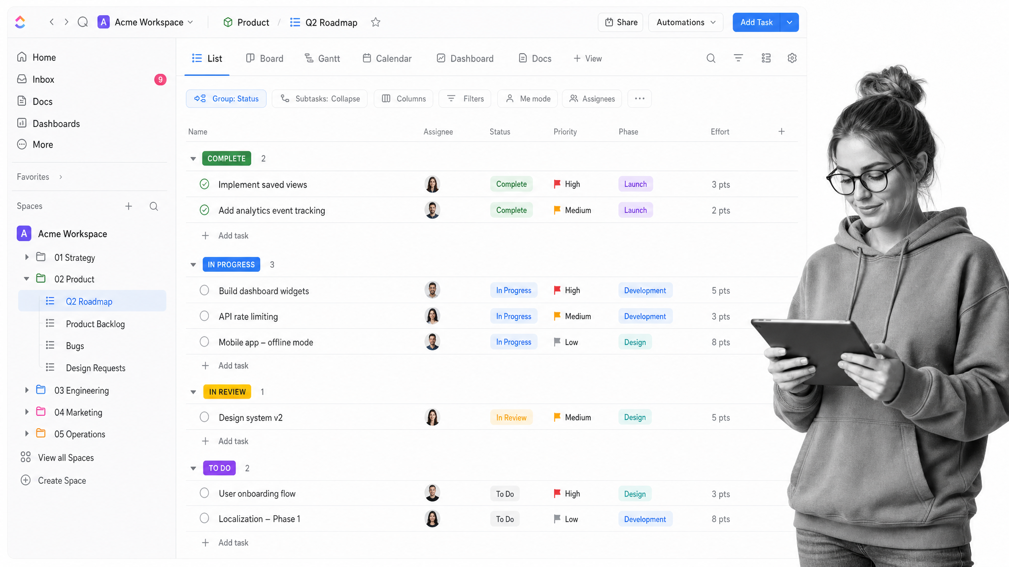 ClickUp list/board workspace interface used for process management